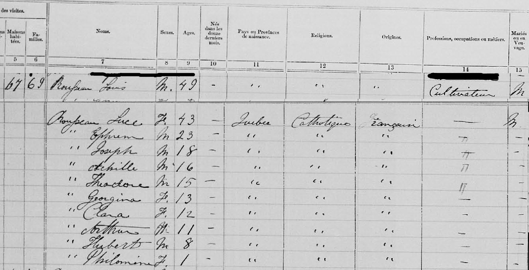 Image: Blowup of Louis Rousseau Entry on CANADA 1871 Census